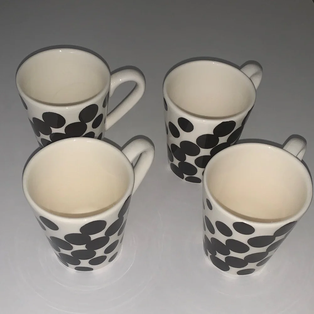 Pier 1 Kate Cream and Black Dotted/ Polka Dot Earthenware Ceramic Set Of Mugs